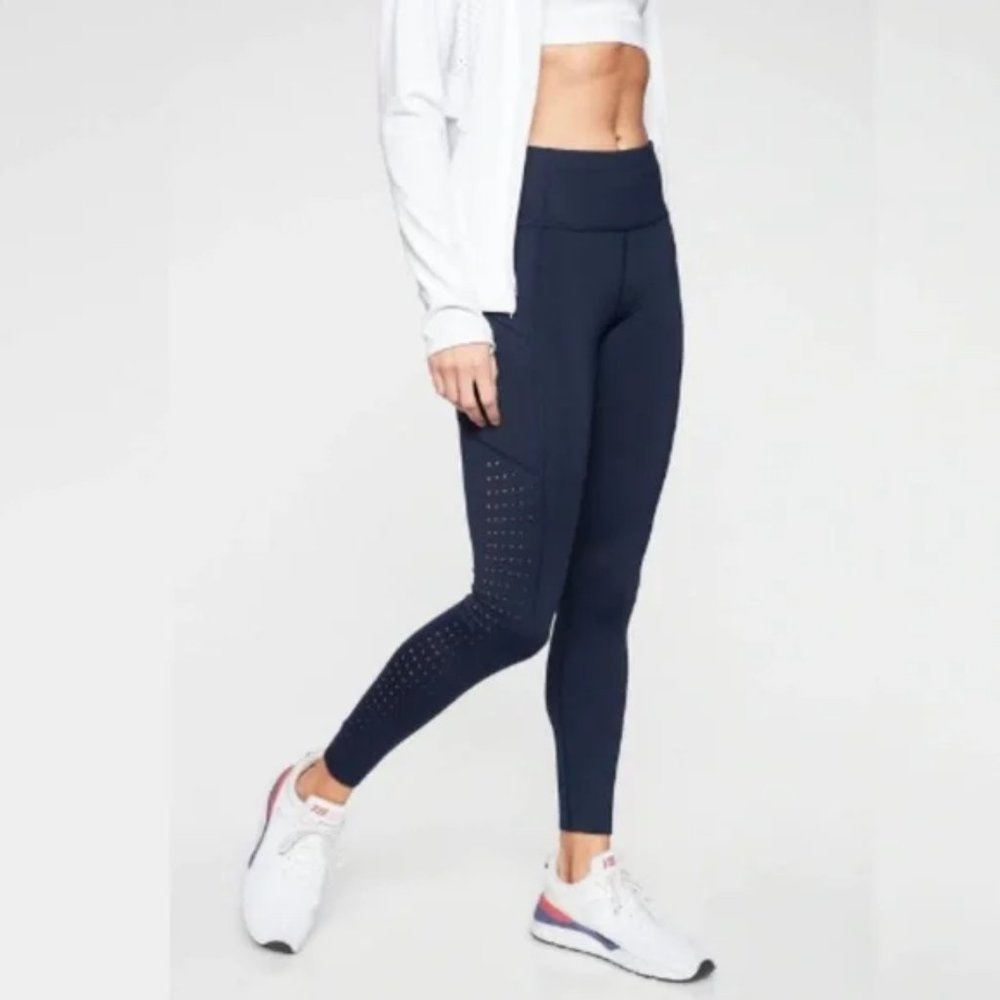 Athleta Active Contender Laser Cut 7/8 Tights | Navy Blue | Small